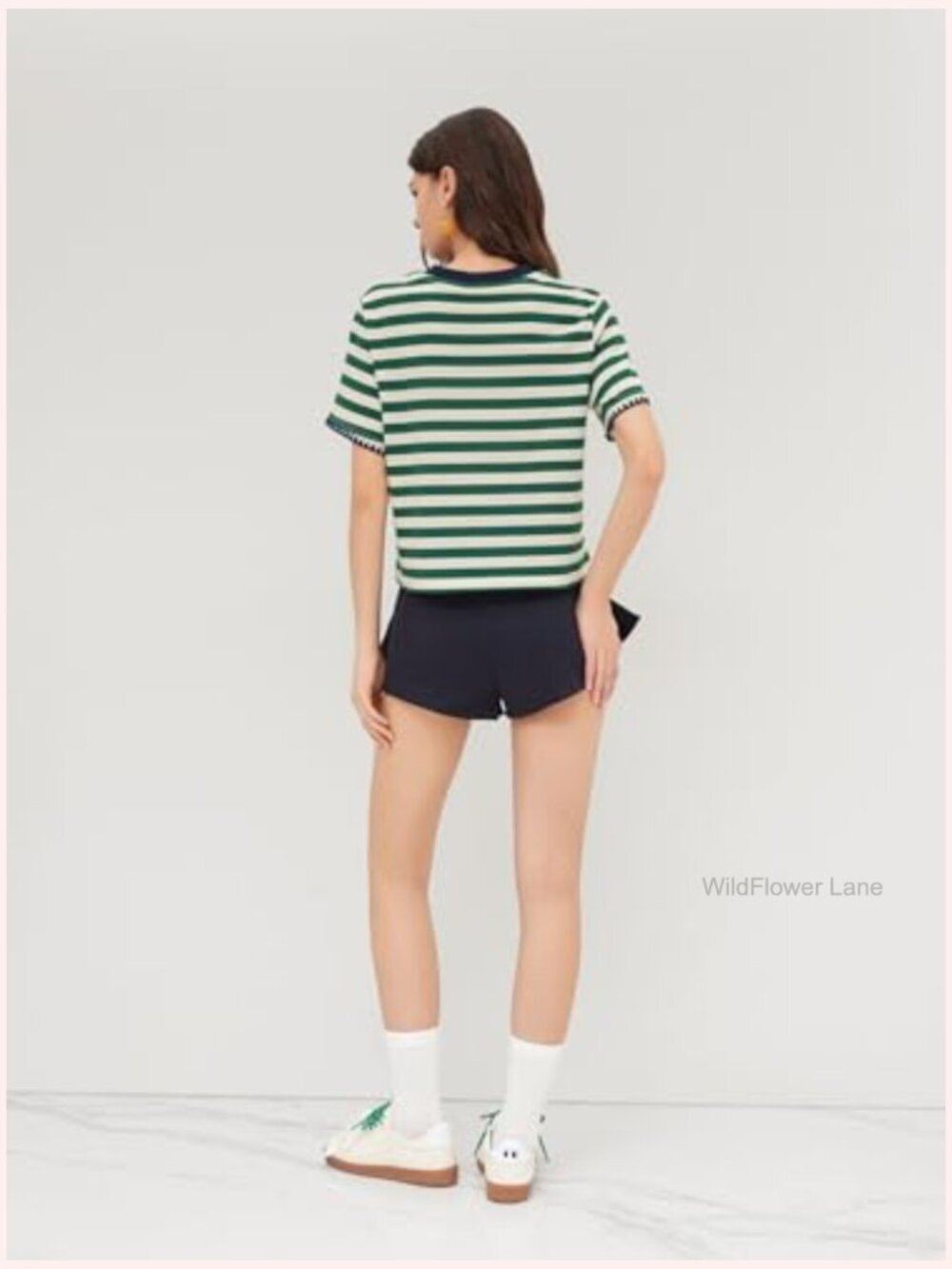 Oversized Striped Crop Tee Cotton-Blend Short Sleeve Crew Neck - Picture 5 of 7